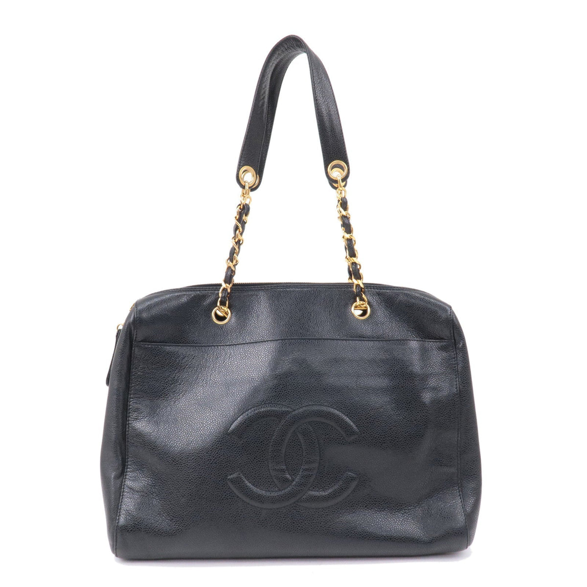 Chanel Caviar Skin Chain Tote Bag Shoulder Bag Gold Black