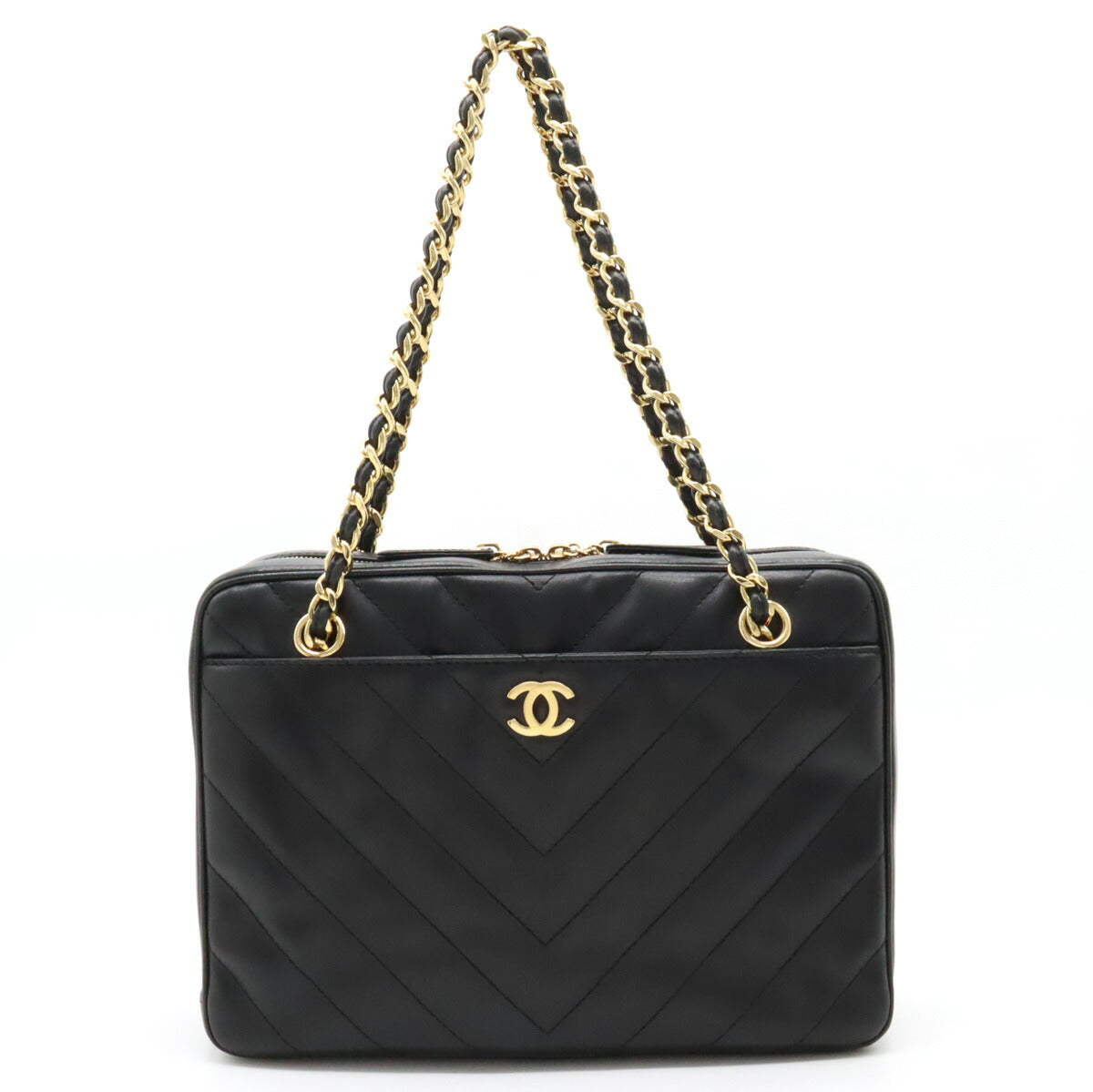 Chanel Chevron Leather Coco Mark 2way Chain Bag Black Gold Hardware