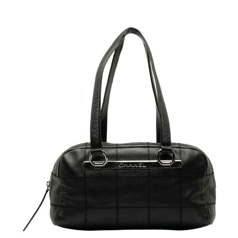 CHANEL Chocolate Bar Logo Mini Boston Bag Handbag Black Canvas CHANEL