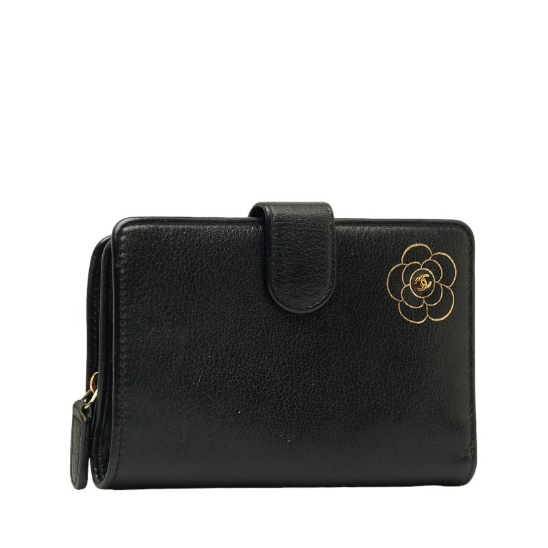 CHANEL CAMERIA COCOMARK Folding Wallet Black Leather CHANEL