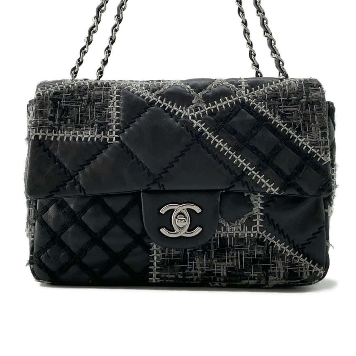 Chanel Chain Shoulder Bag Coco Mark Patchwork Tweed Lambskin CHANEL Black