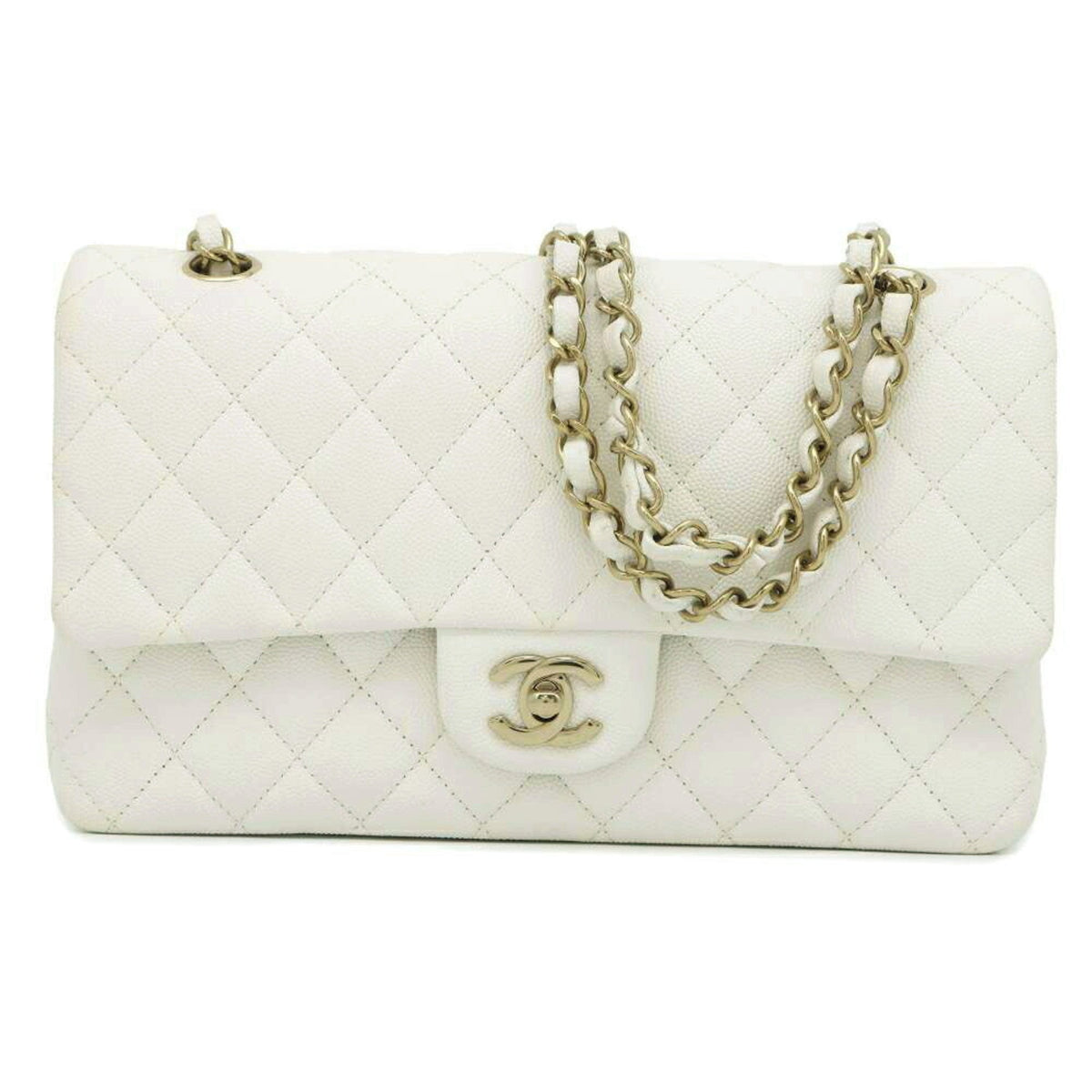 Chanel Chain Shoulder Bag Matelasse 25 Coco Mark Caviar Skin Double A01112 White
