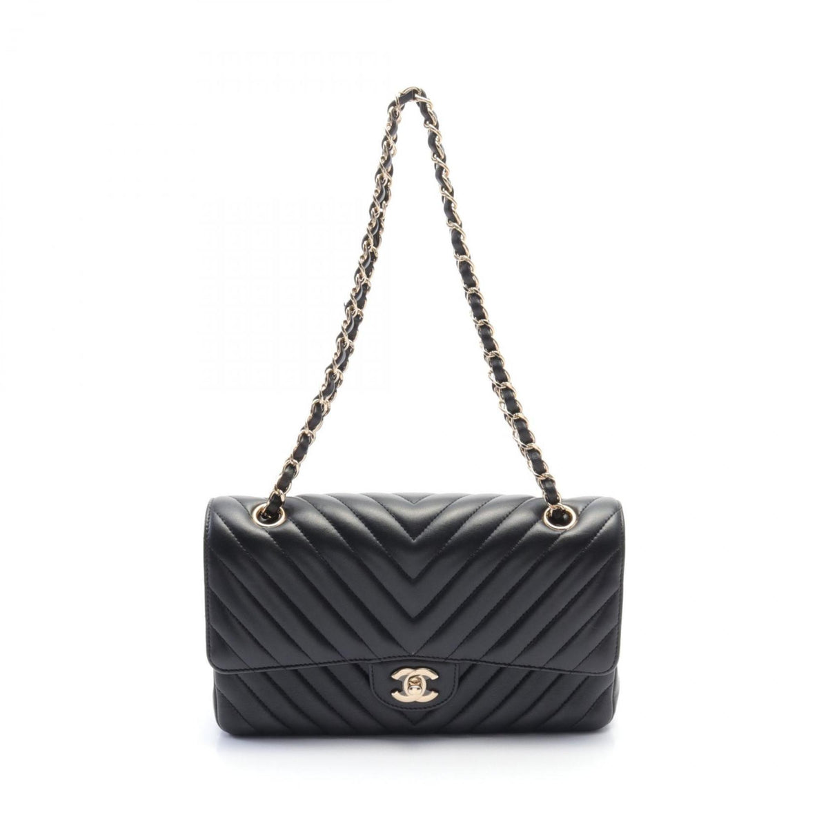 CHANEL Chevron V-stitch W-flap shoulder bag, lambskin, women's, black