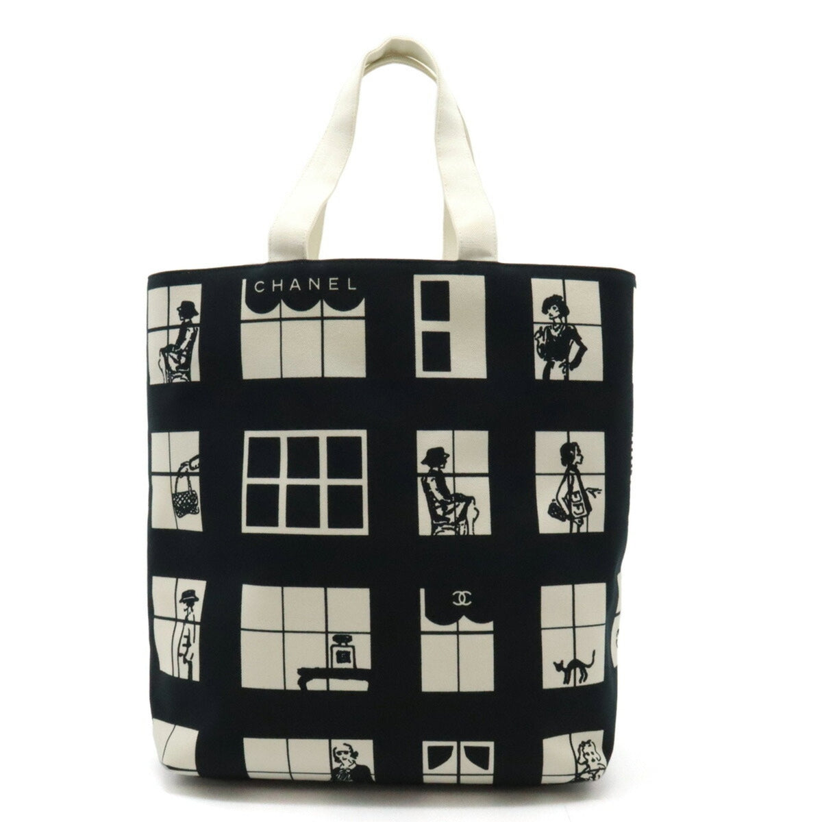 CHANEL Chanel Windows Line Coco Mark Tote Bag Shoulder Canvas Black White