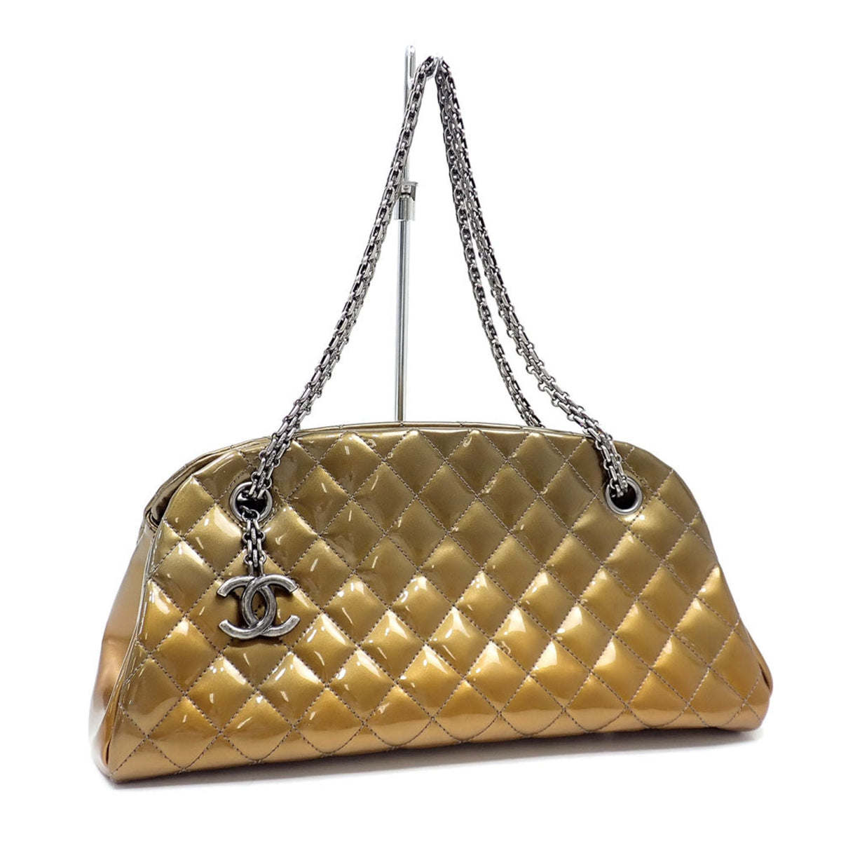 Chanel Chain Shoulder Bag Mademoiselle Women's Metallic Khaki Patent Leather Coco Mark