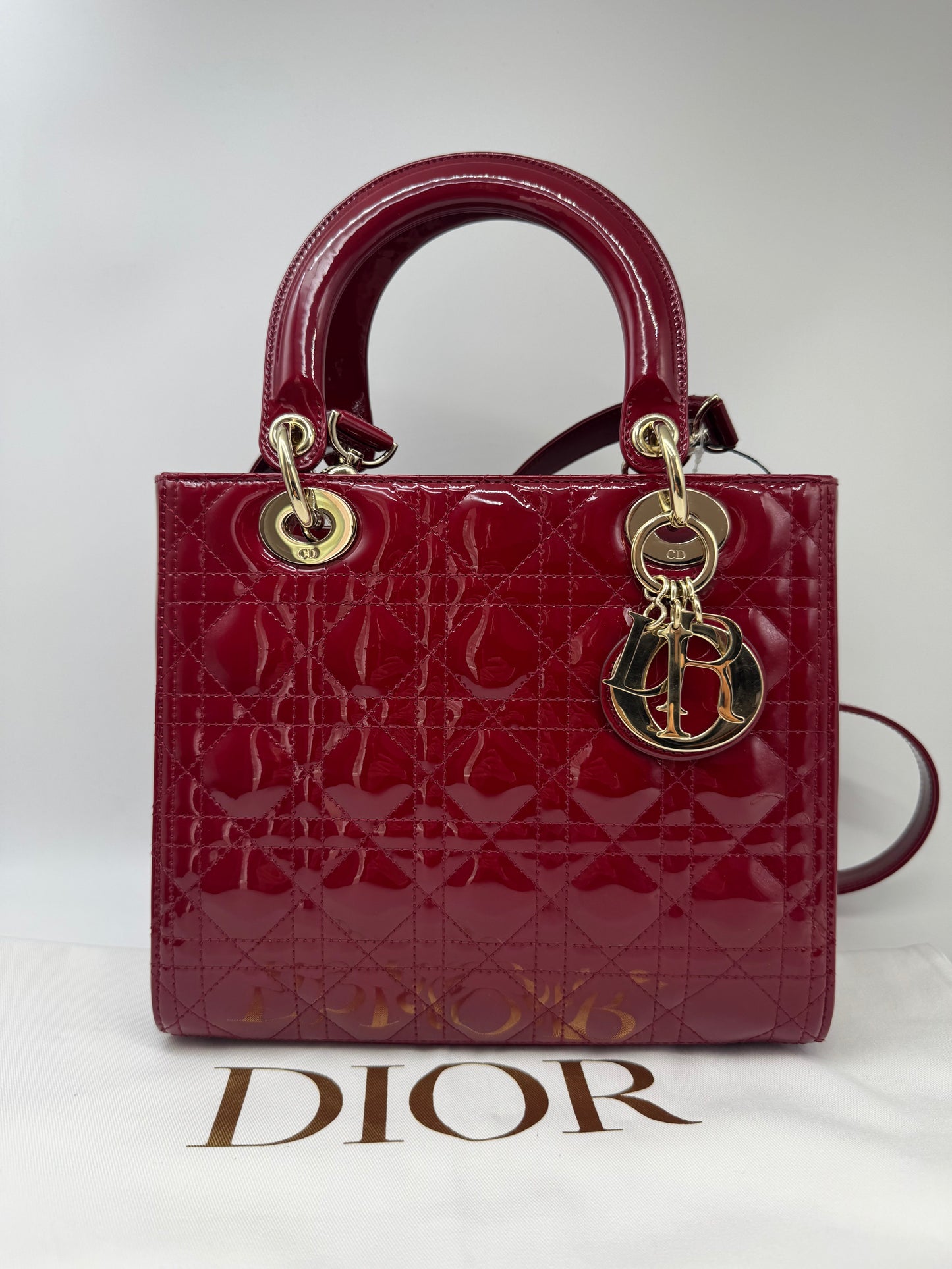 Pre-owned Certified Medium Lady Dior Dark Cherry Red Patent Leather with Light Golden Hardware, 2019, w/ dust bag, strap