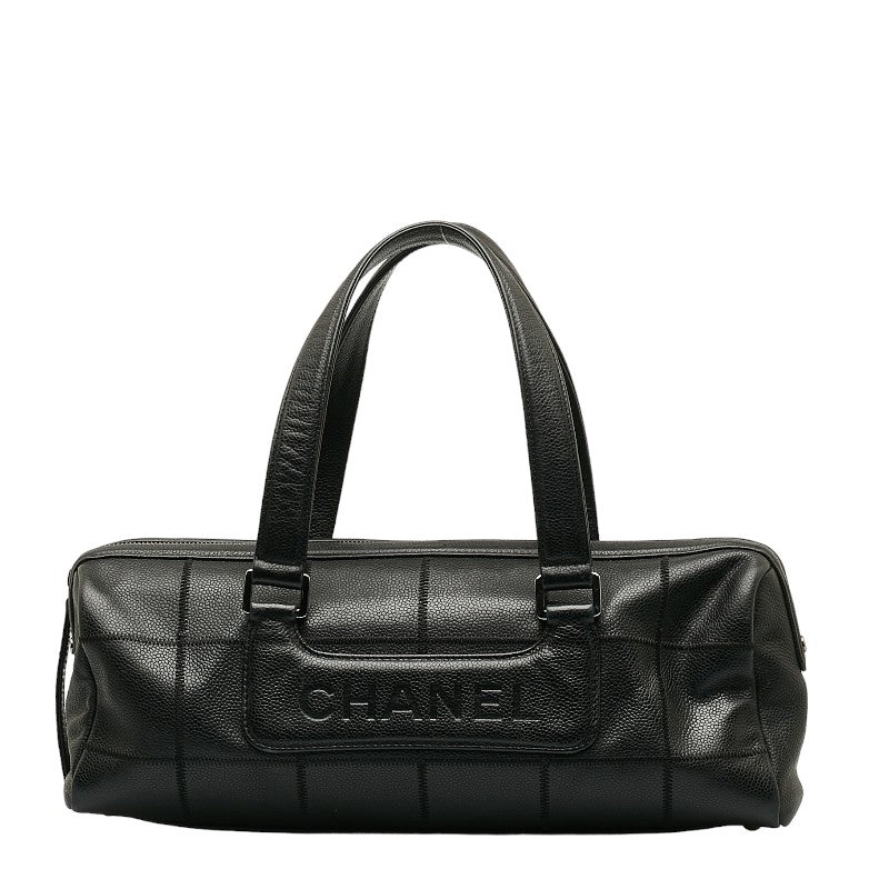 Chanel Chocolate Bar Logo Mini Boston Bag Handbag Black Caviar S CHANEL