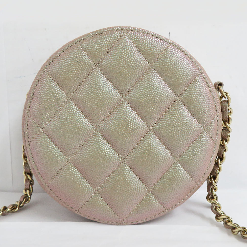 CHANEL Chanel Matrasse Round Chain Shoulder Bag Pouch AP0314 Metal Beige G Coco Caviar S Leather Round