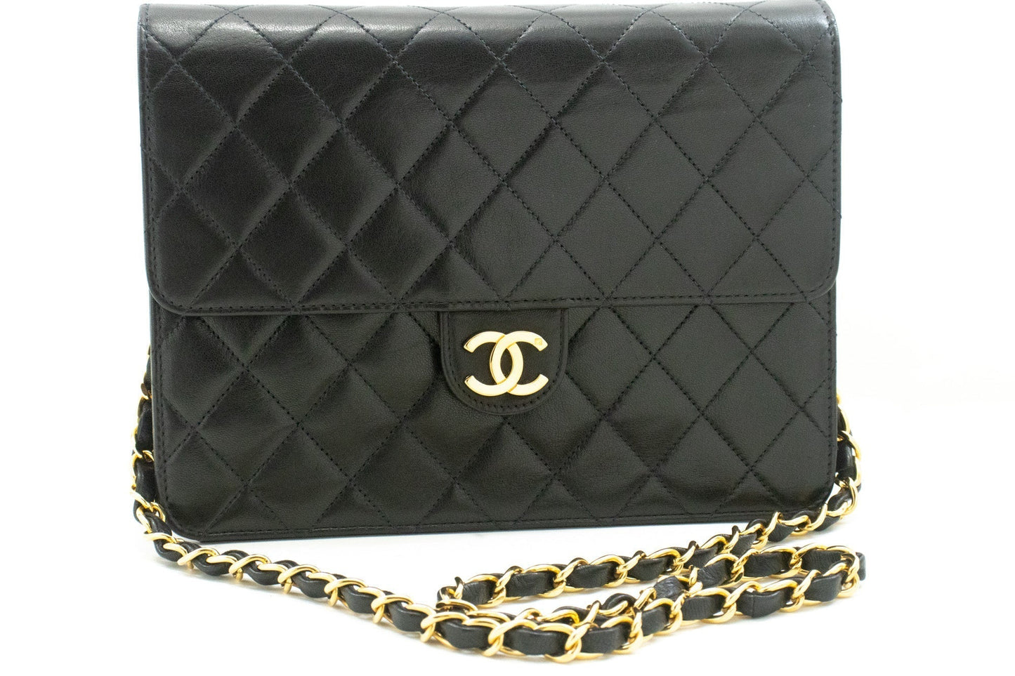 CHANEL Chain Shoulder Bag Clutch Black Quilted Flap Lambskin Purse