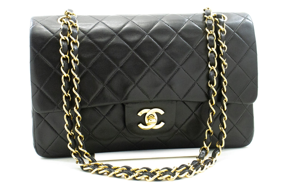 CHANEL Classic Double Flap 10" Chain Shoulder Bag Black Lambskin