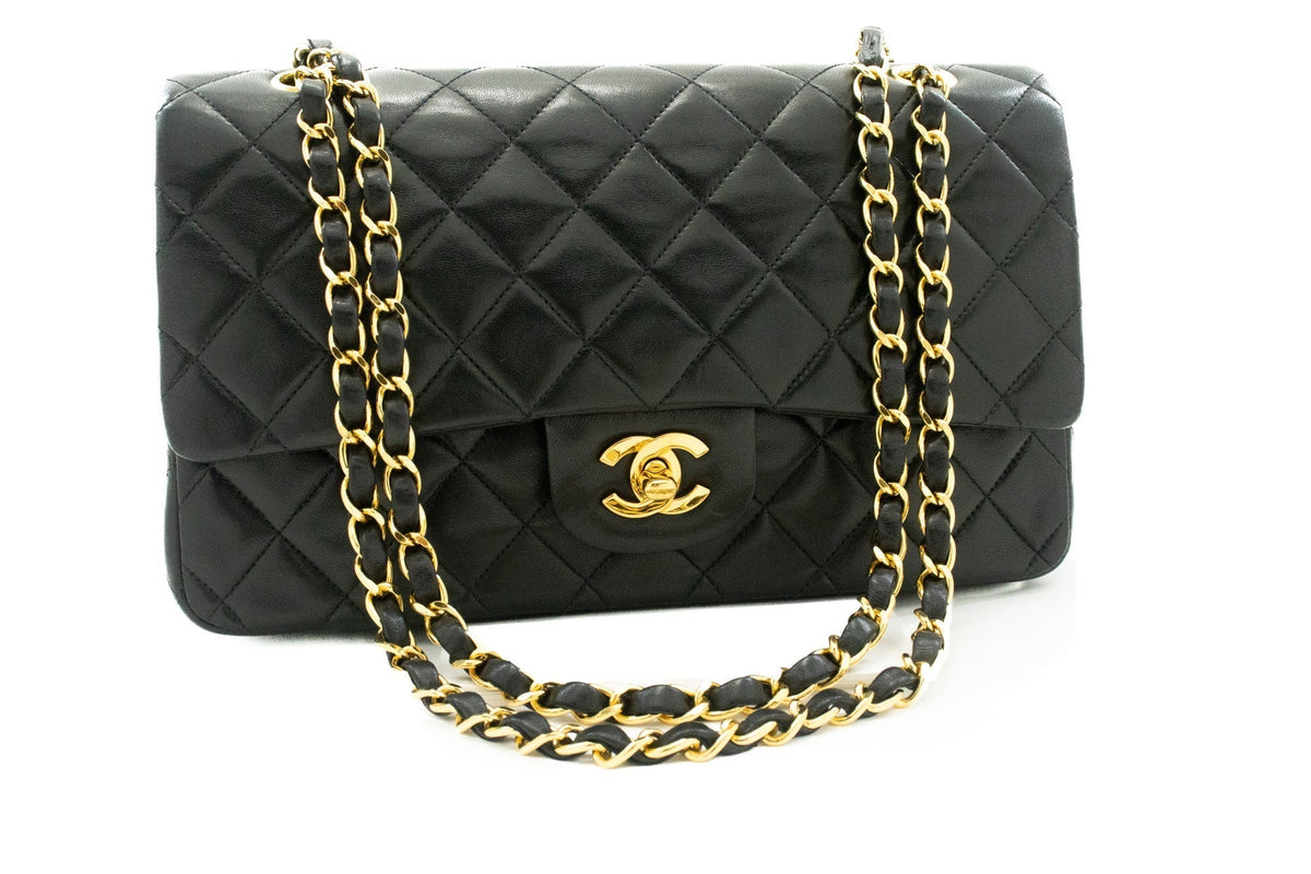 CHANEL Classic Double Flap 10" Chain Shoulder Bag Black Lambskin