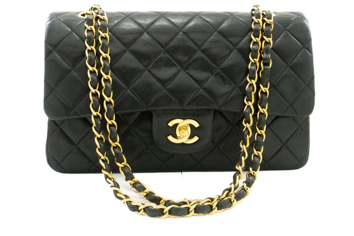 CHANEL Classic Double Flap 10" Chain Shoulder Bag Black Lambskin
