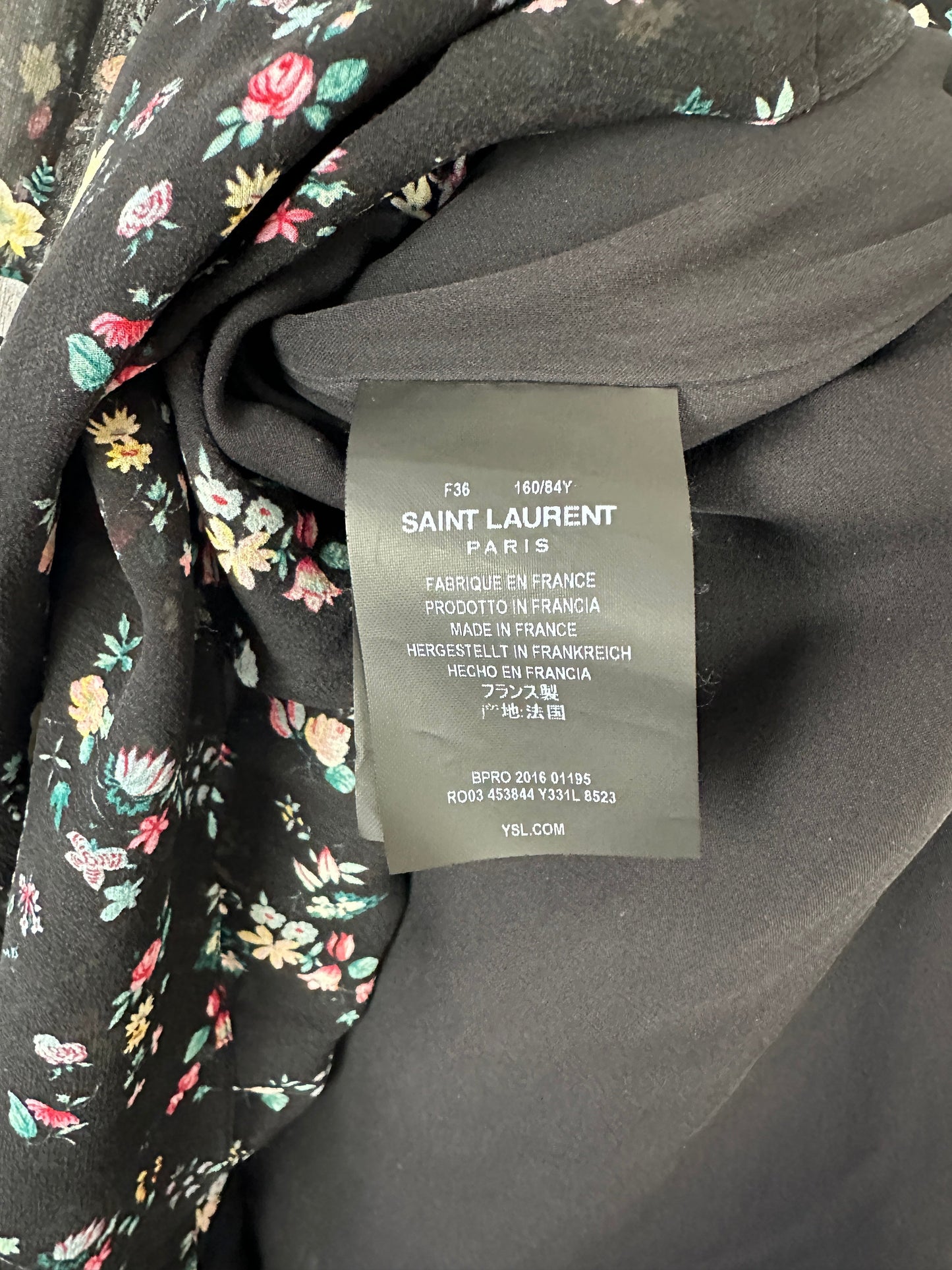 Saint Laurent Black Floral Print Short Sleeve Silk Dress With Ruffle Detail Size FR 36 (UK 8)