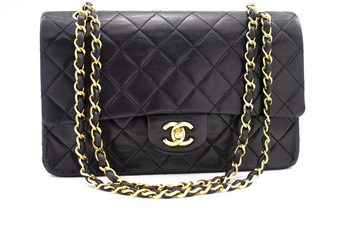 CHANEL Classic Double Flap 10" Chain Shoulder Bag Black Lambskin