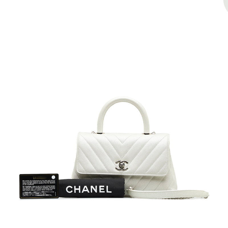 Chanel Chevron V tick Coco Handle HandBag Shoulder Bag 2WAY White Caviar S Chanel