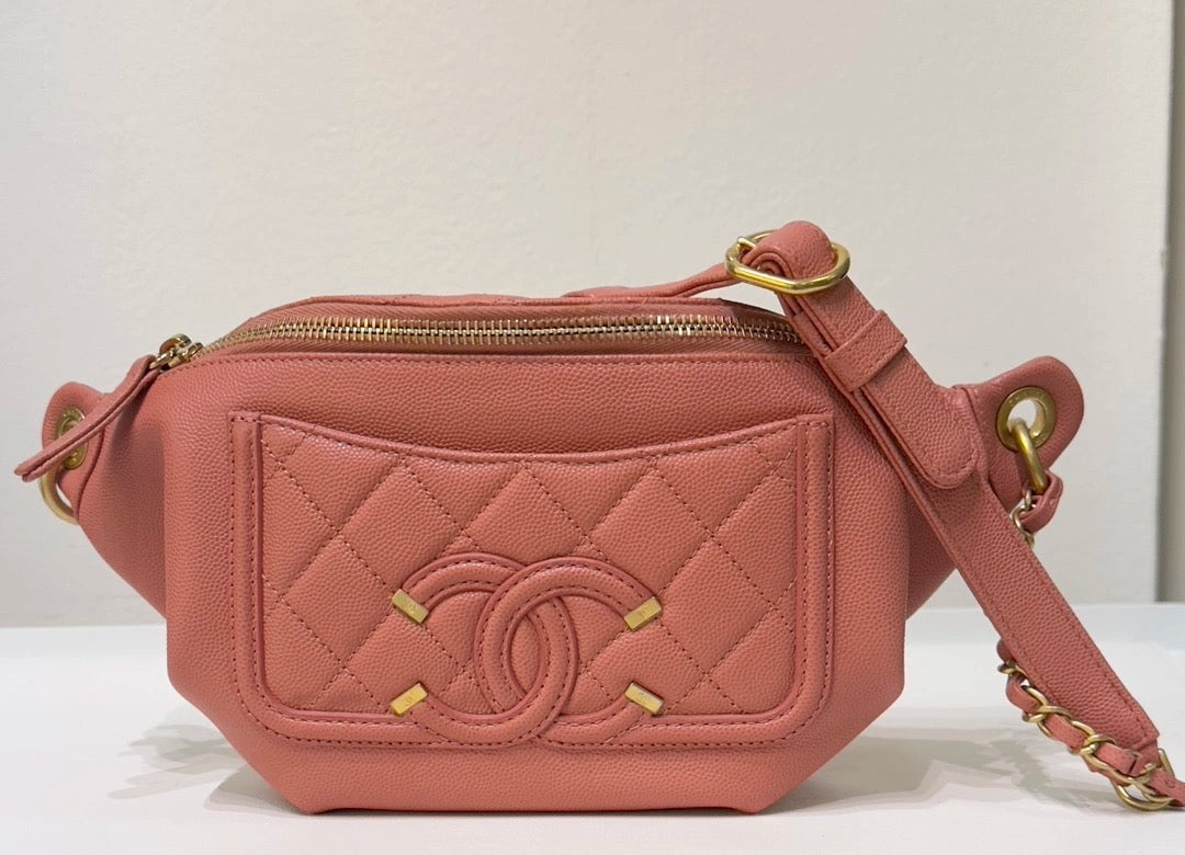 Chanel Caviar Quilted Filigree Waist Bag Pink GHW