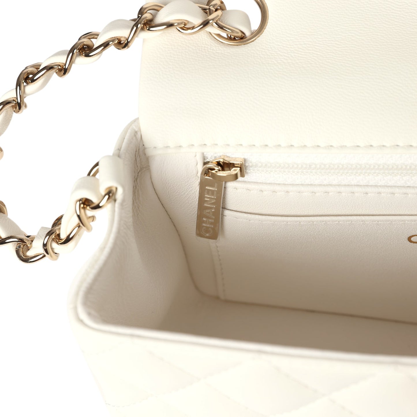 Chanel Mini Rectangular Flap Bag White Lambskin Light Gold Hardware
