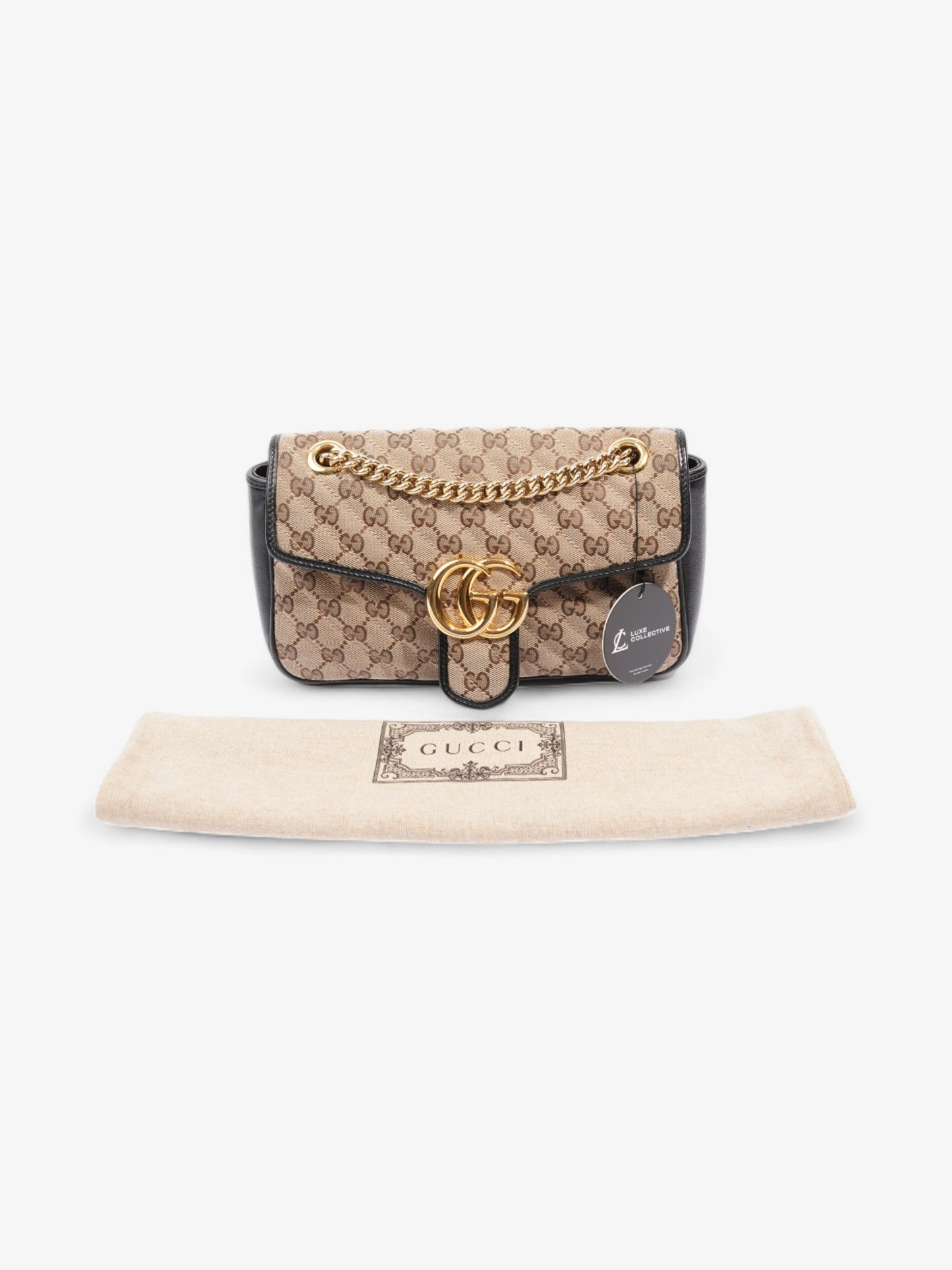 Gucci Marmont Flap Beige And Ebony GG Supreme / Black Canvas Small