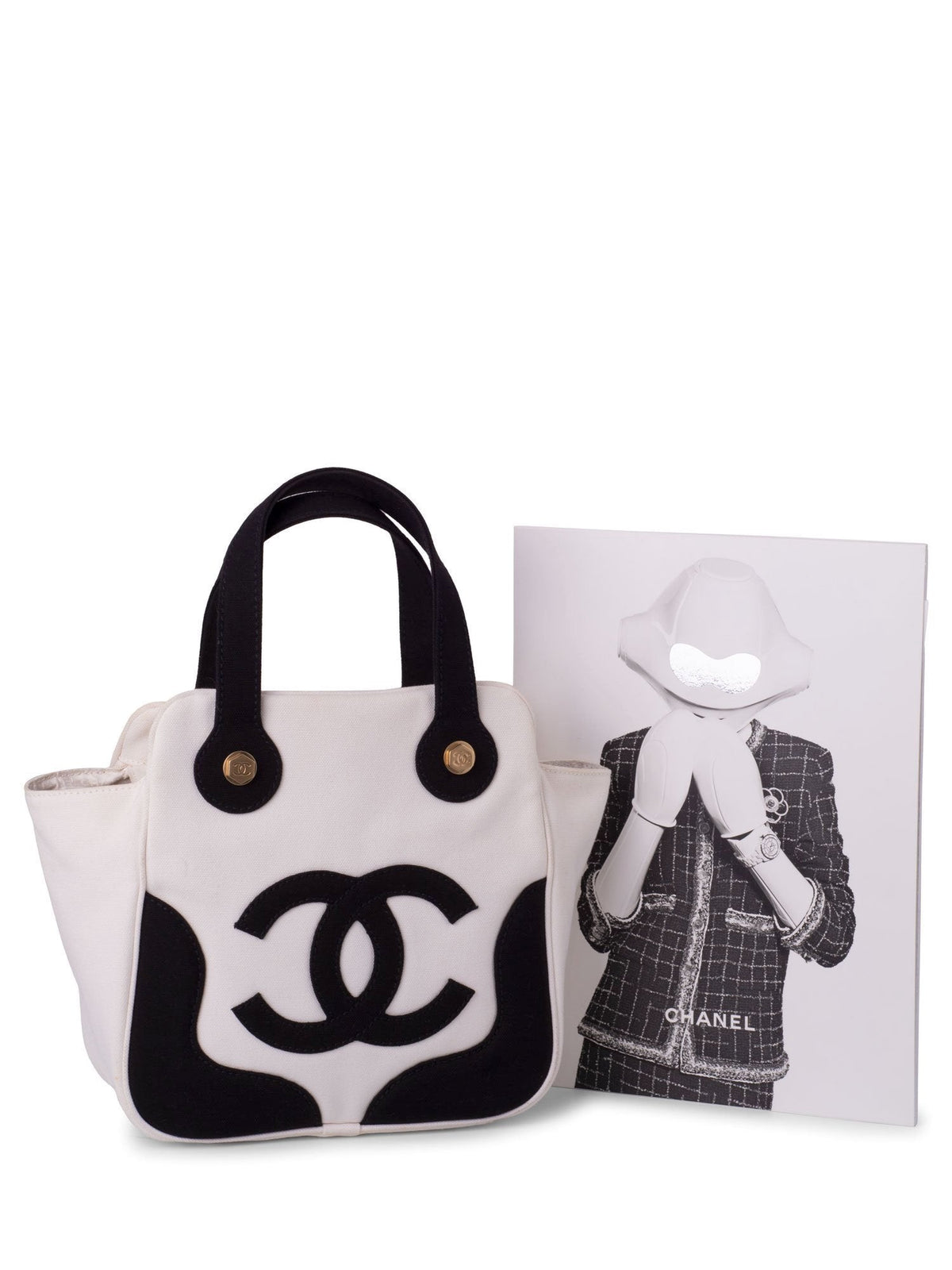 Chanel CC Logo Canvas Leather Bag Black White