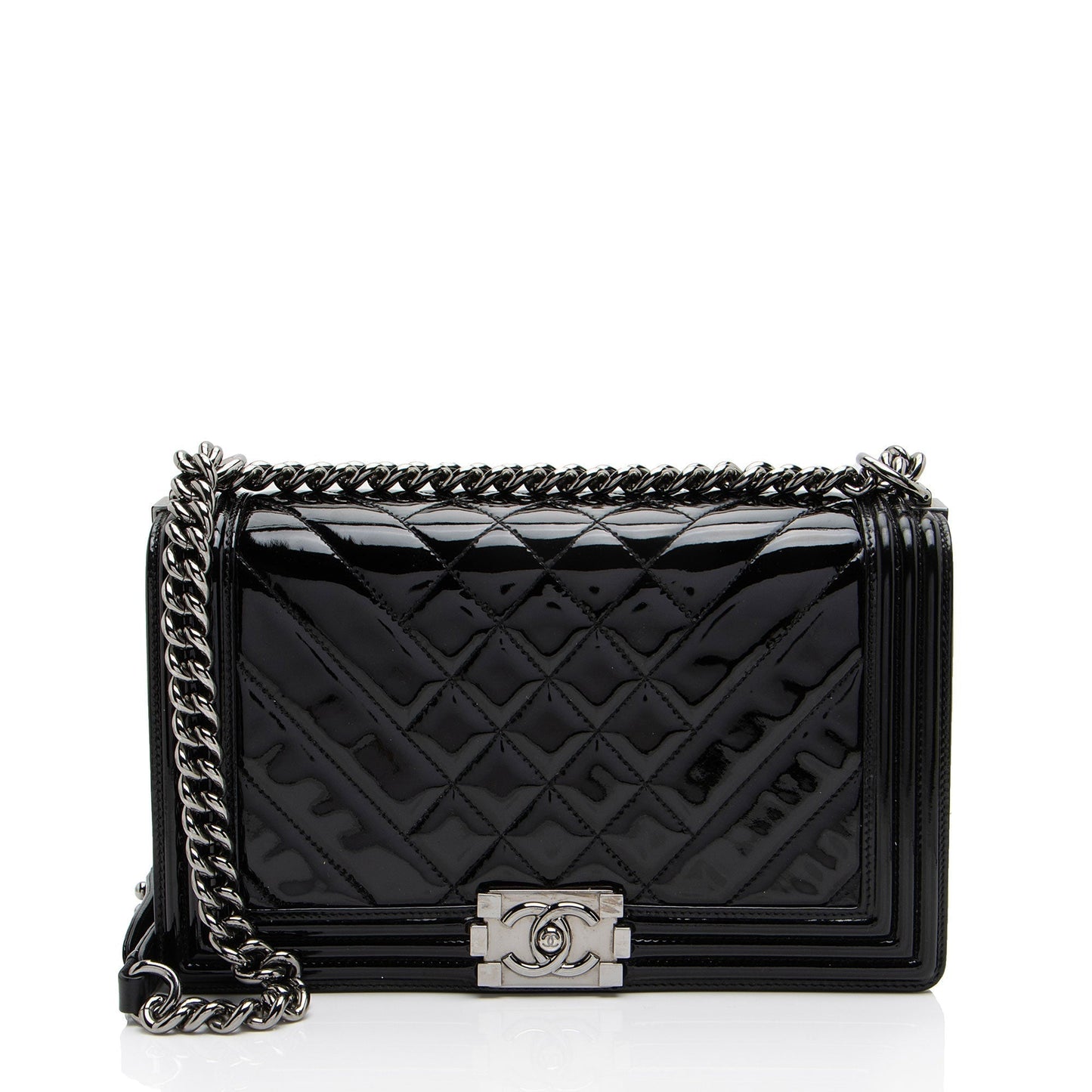 Chanel Chevron Patent Leather New Medium Boy Bag (SHF-NB6JRi)