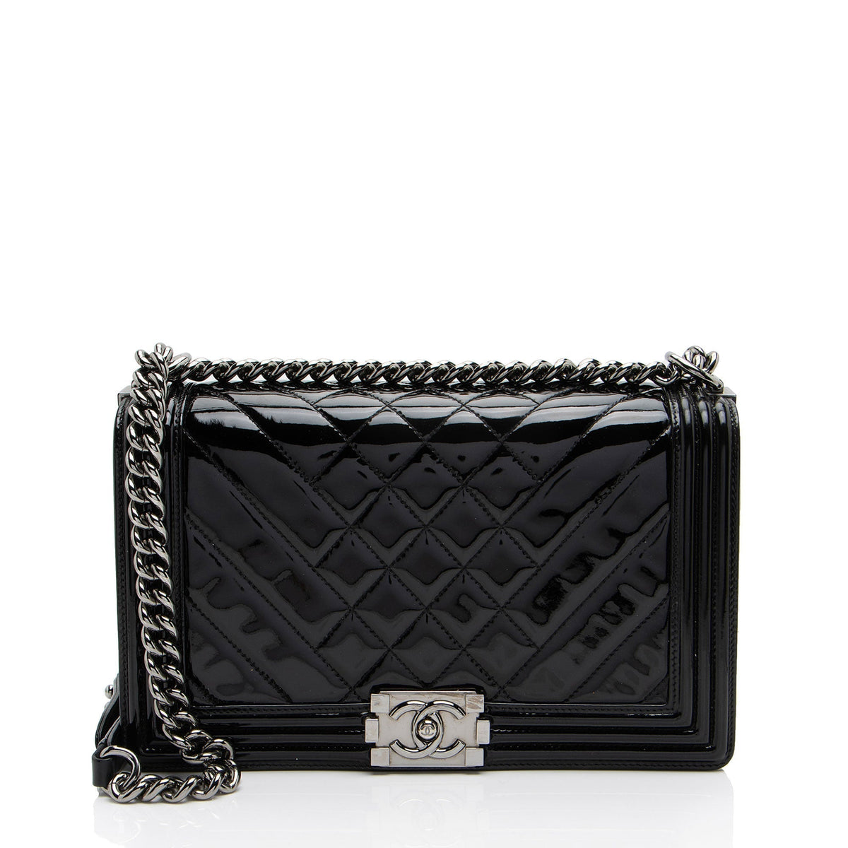 Chanel Chevron Patent Leather New Medium Boy Bag (SHF-NB6JRi)
