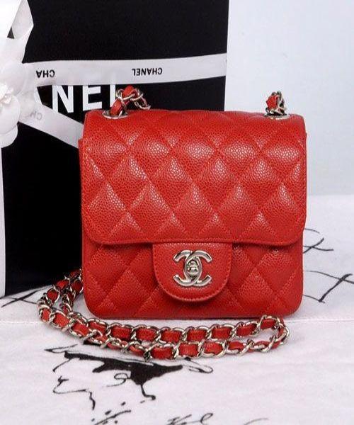 Chanel Classic Clutch With Chain CWC Caviar Red Silver-Toned