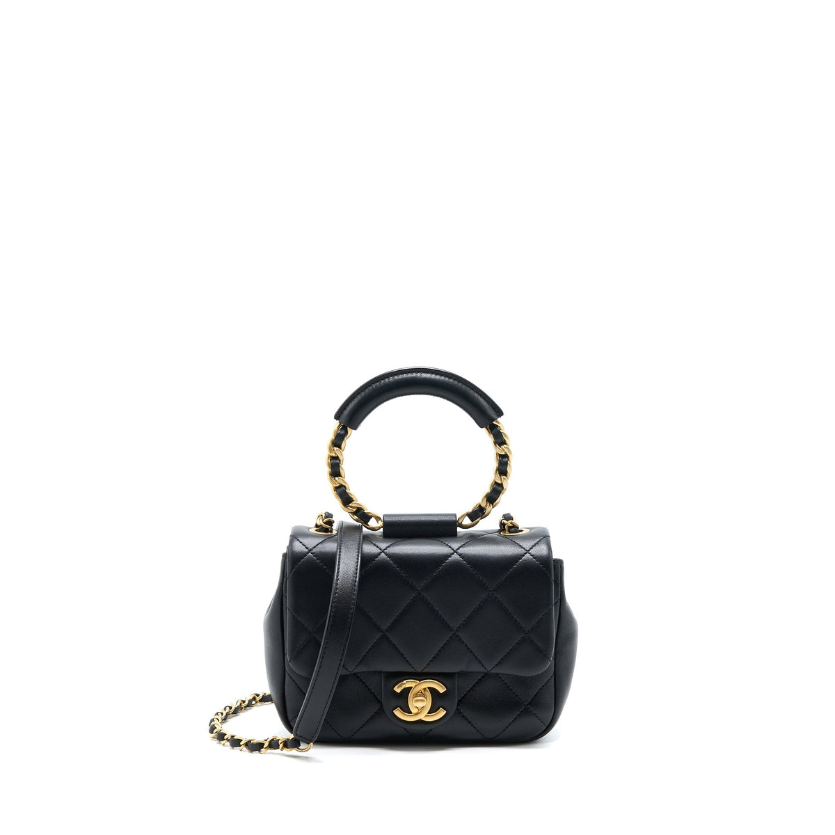 Chanel Circular Handle Quilted Flap Bag Lambskin Black Brushed GHW