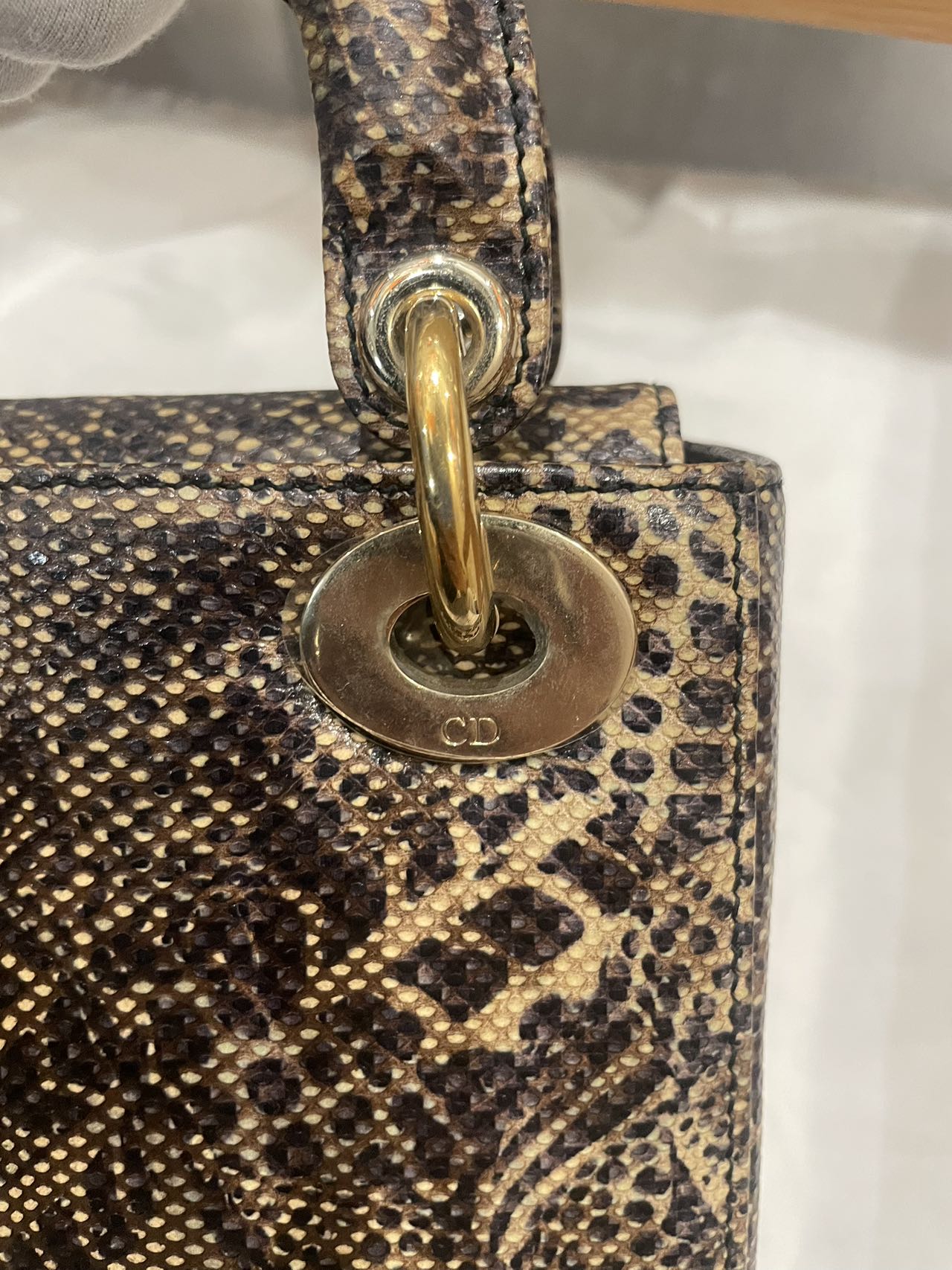 Pre-owned Certified Dior Mini Lady Dior Natural Rare Lizard Skin in Neutral Shades Python Pattern with Golden Hardware, 2017, w/ Full Set