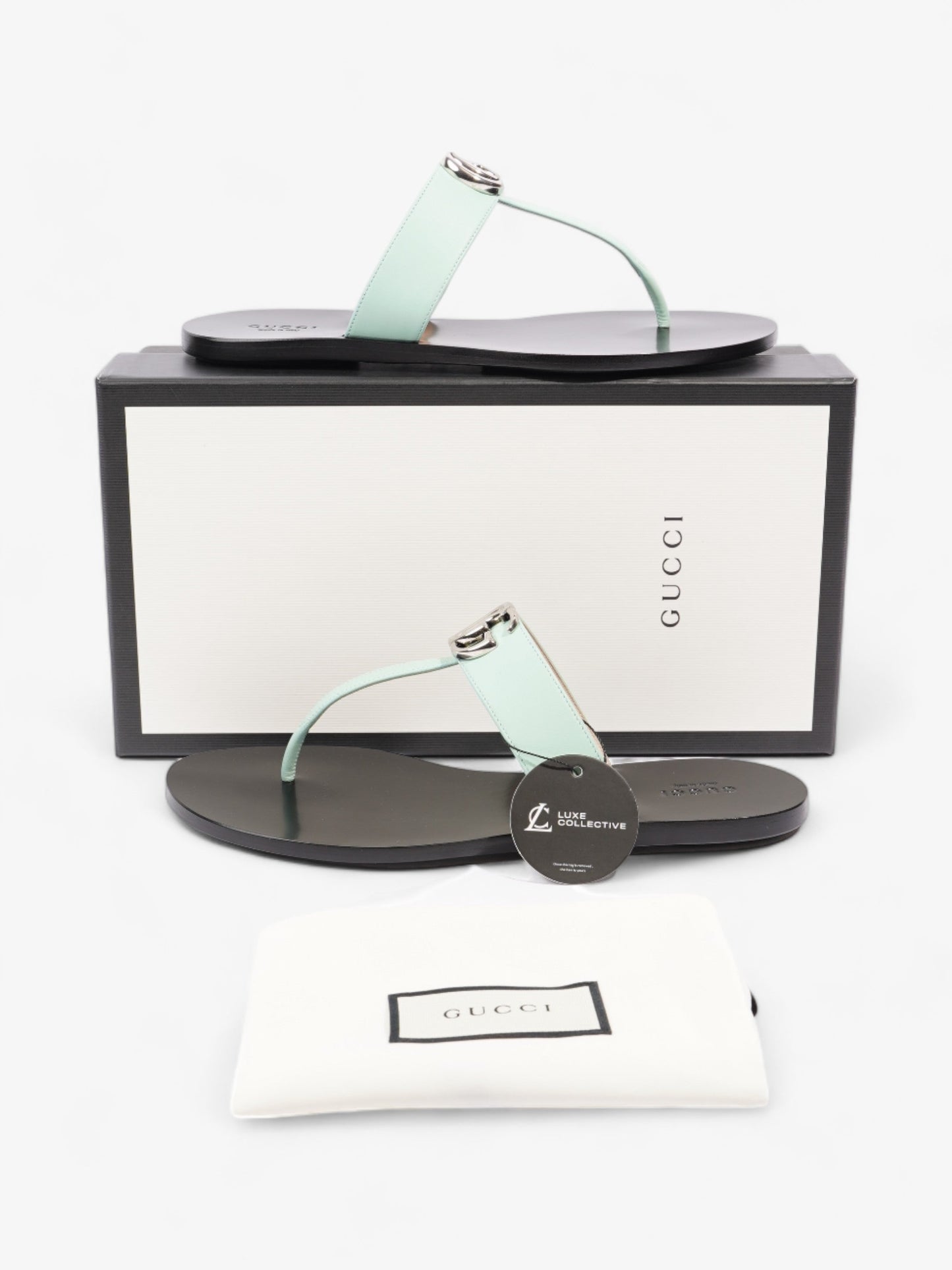 Gucci GG Marmont Thong Sandals Turquoise / Black Calfskin Leather EU 39.5 UK 6.5