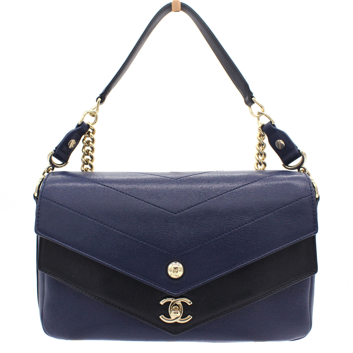 Chanel CC Envelope Flap Crossbody Chevron Calfskin Small Navy Black
