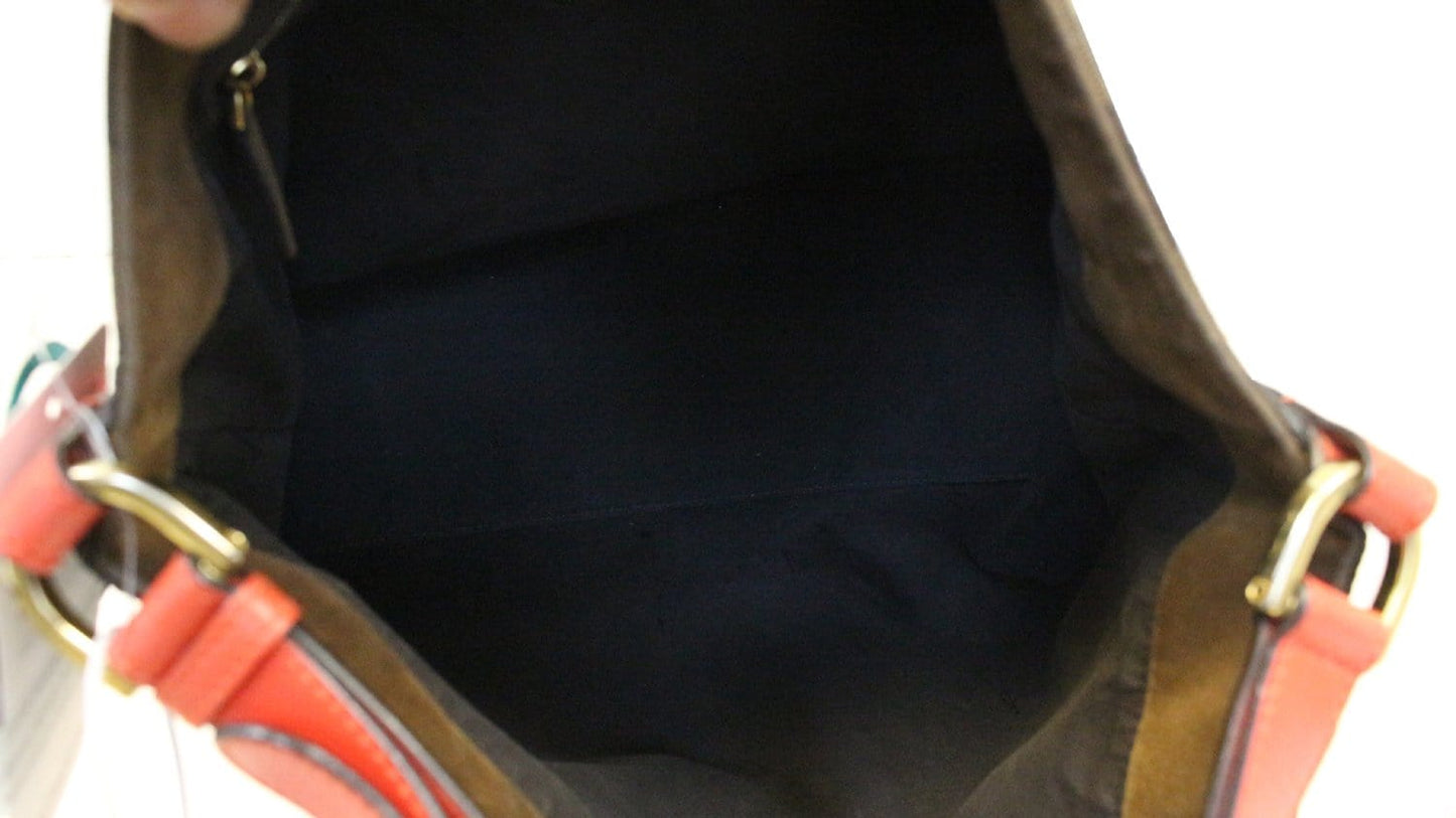 FENDI Tobacco and Red Leather Pequin Stripe Canvas Hobo Bag