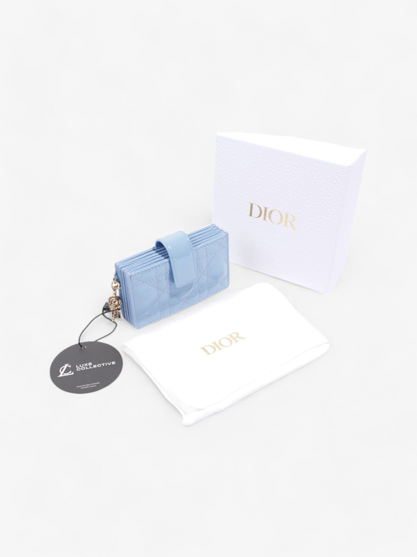 Christian Dior Lady Dior Jasmine Card Holder Baby Blue / Light Gold Patent Leather