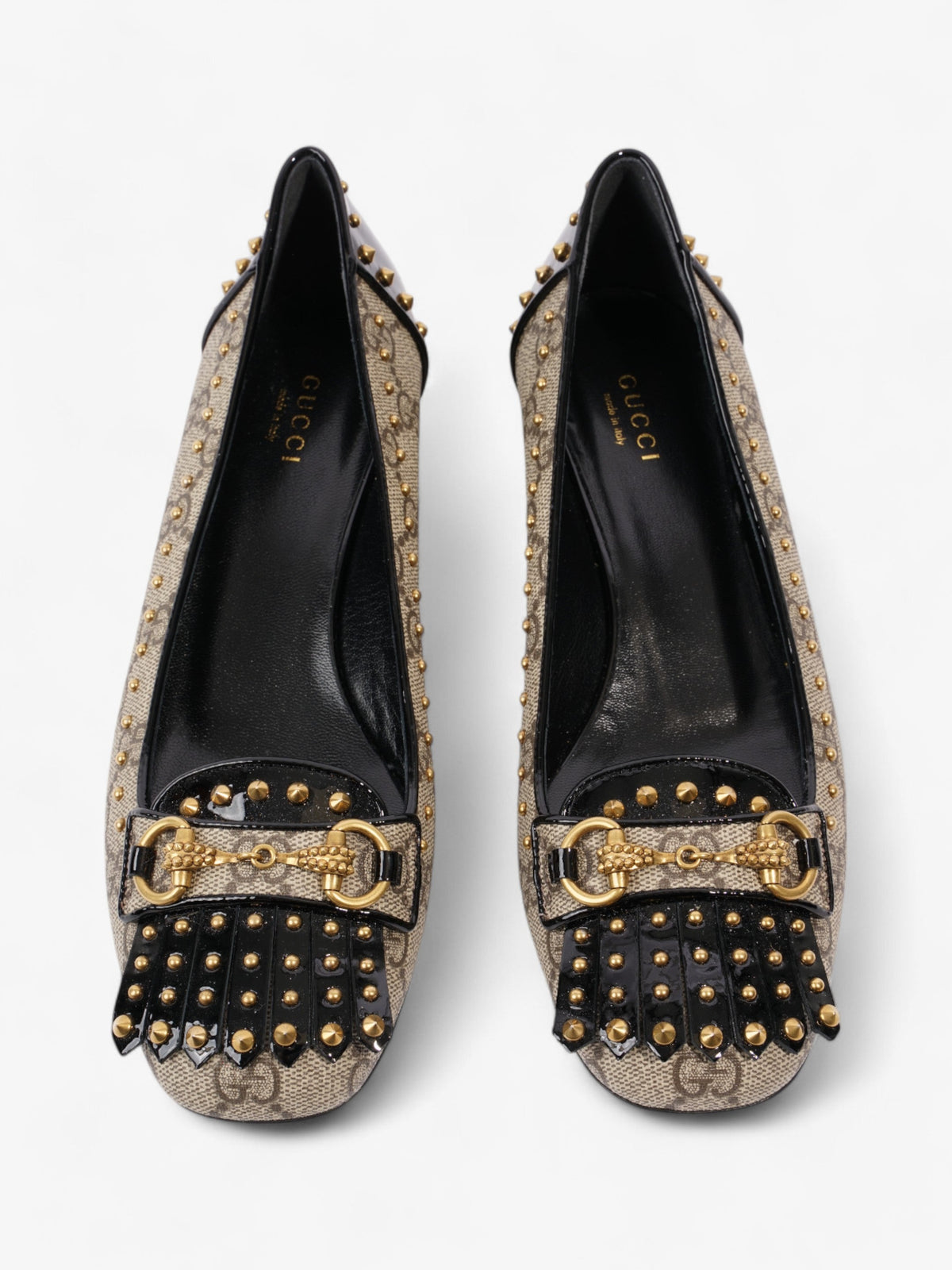 Gucci Horsebit Platform Pump 25 Beige / Black / Gold Coated Canvas EU 37.5 UK 4.5