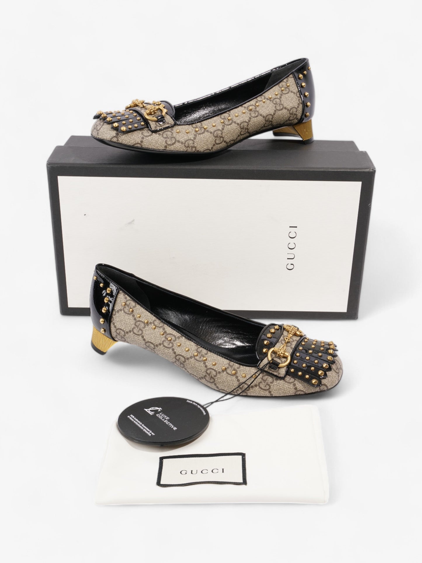 Gucci Horsebit Platform Pump 25 Beige / Black / Gold Coated Canvas EU 37.5 UK 4.5