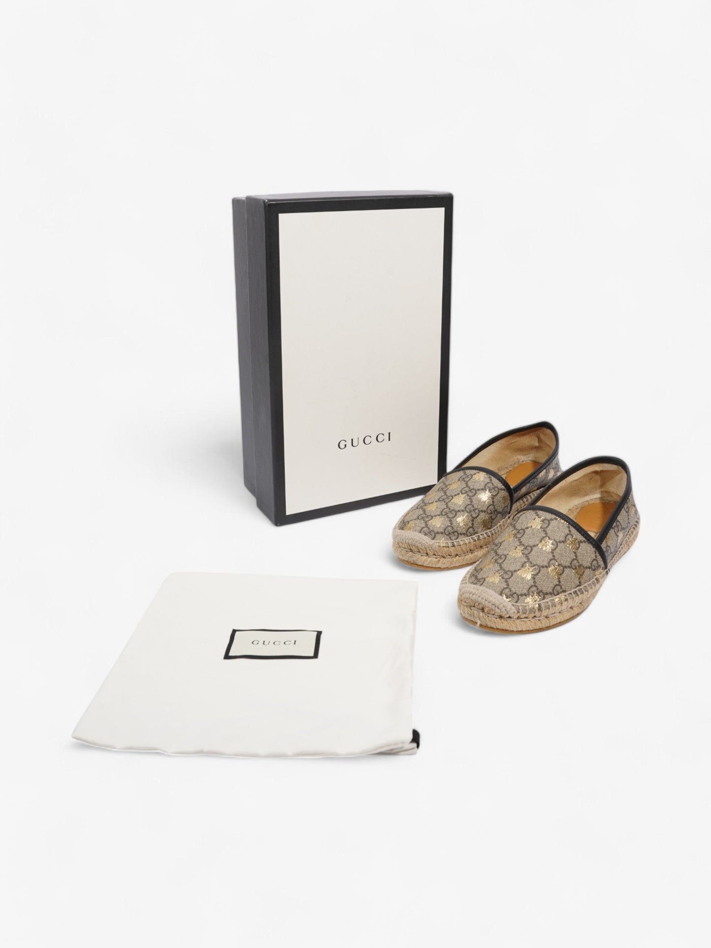Gucci GG Supreme Bee Espadrille Beige / Gold / Black Coated Canvas EU 37.5 UK 4.5