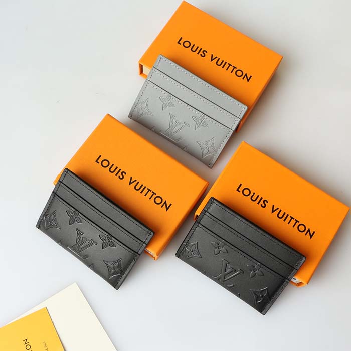 Louis Vuitton LV Unisex Coin Card Holder Black Calf Leather Textile Lining