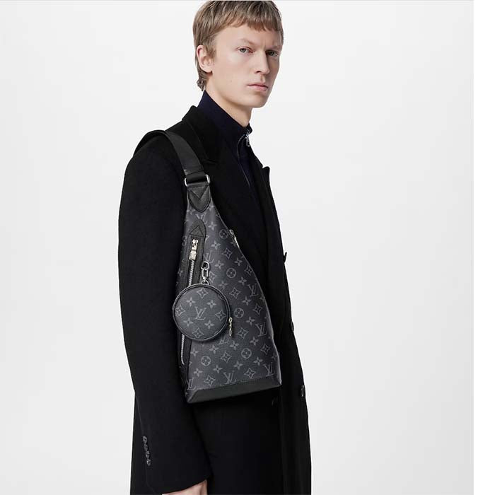 Louis Vuitton LV Unisex Duo Slingbag Black Monogram Coated Canvas Taiga Cowhide Leather