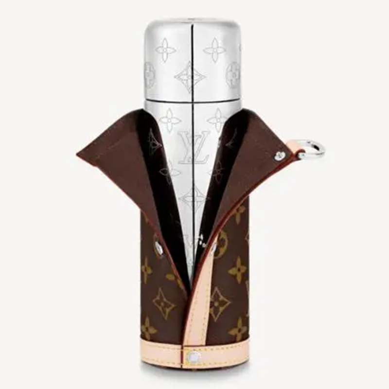 Louis Vuitton LV Unisex Flask Holder Brown Steel Monogram Canvas Natural Cowhide