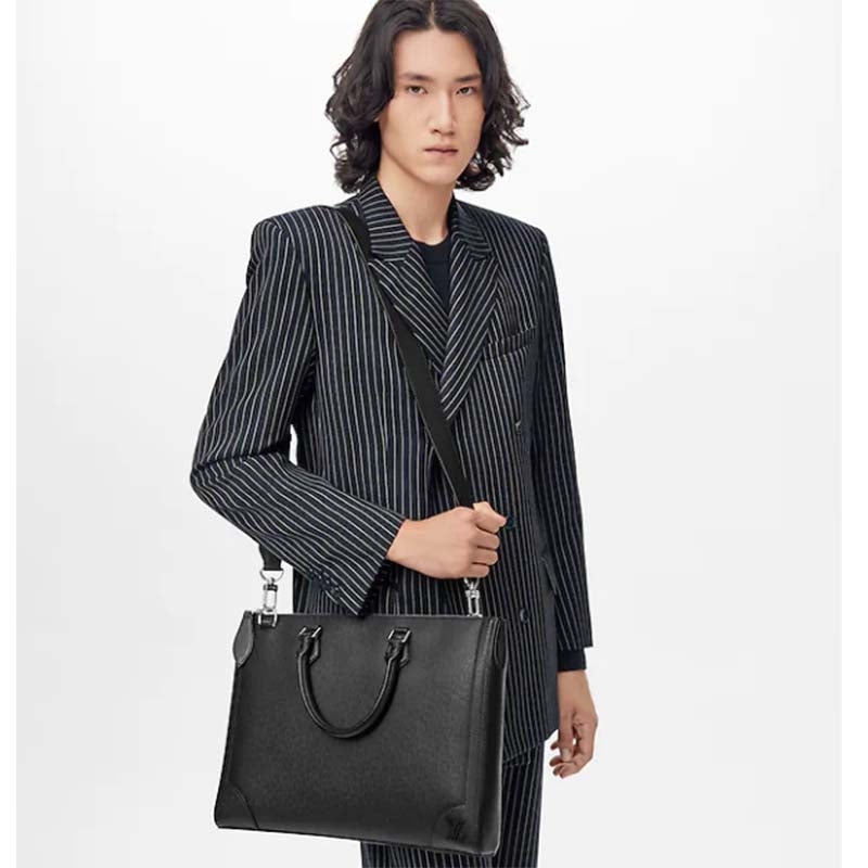 Louis Vuitton LV Unisex Slim Briefcase Black Taiga Cowhide Leather