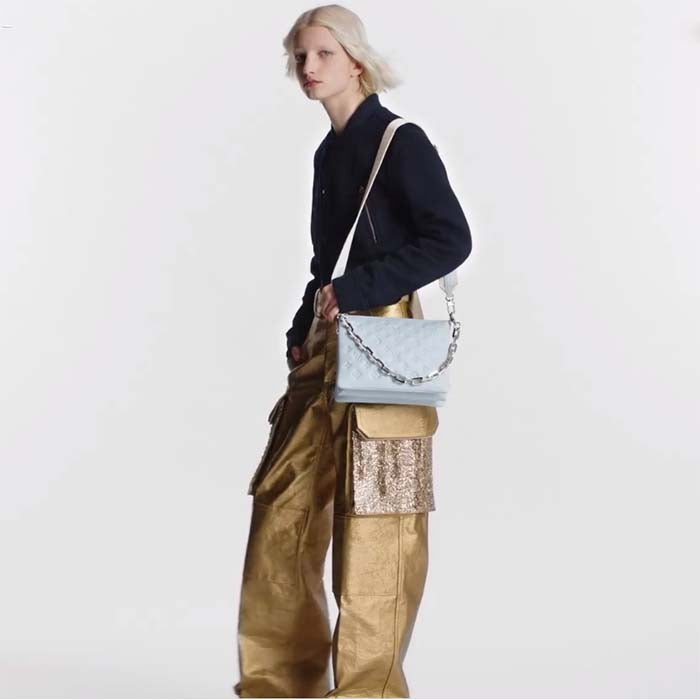 Louis Vuitton LV Women Coussin PM Handbag Ice Blue Lambskin Cowhide Leather Zip Closure