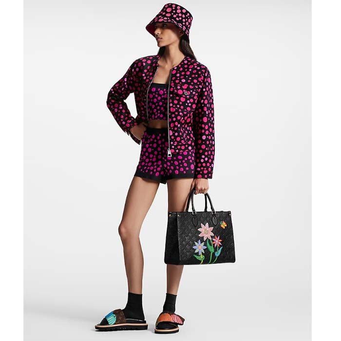 Louis Vuitton LV Women LV x YK OnTheGo MM Black Embossed Grained Monogram Cowhide Leather Flower