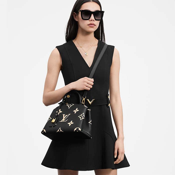 Louis Vuitton LV Women Petit Palais Handbag Noir Beige Embossed Grained Cowhide