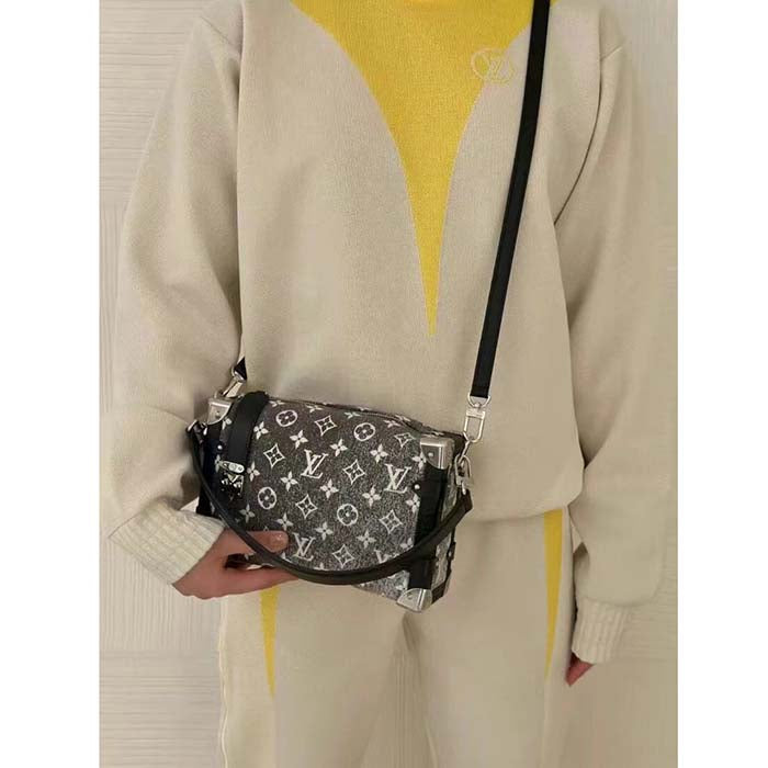 Louis Vuitton LV Women Side Trunk Handbag Gray Denim Textile Jacquard