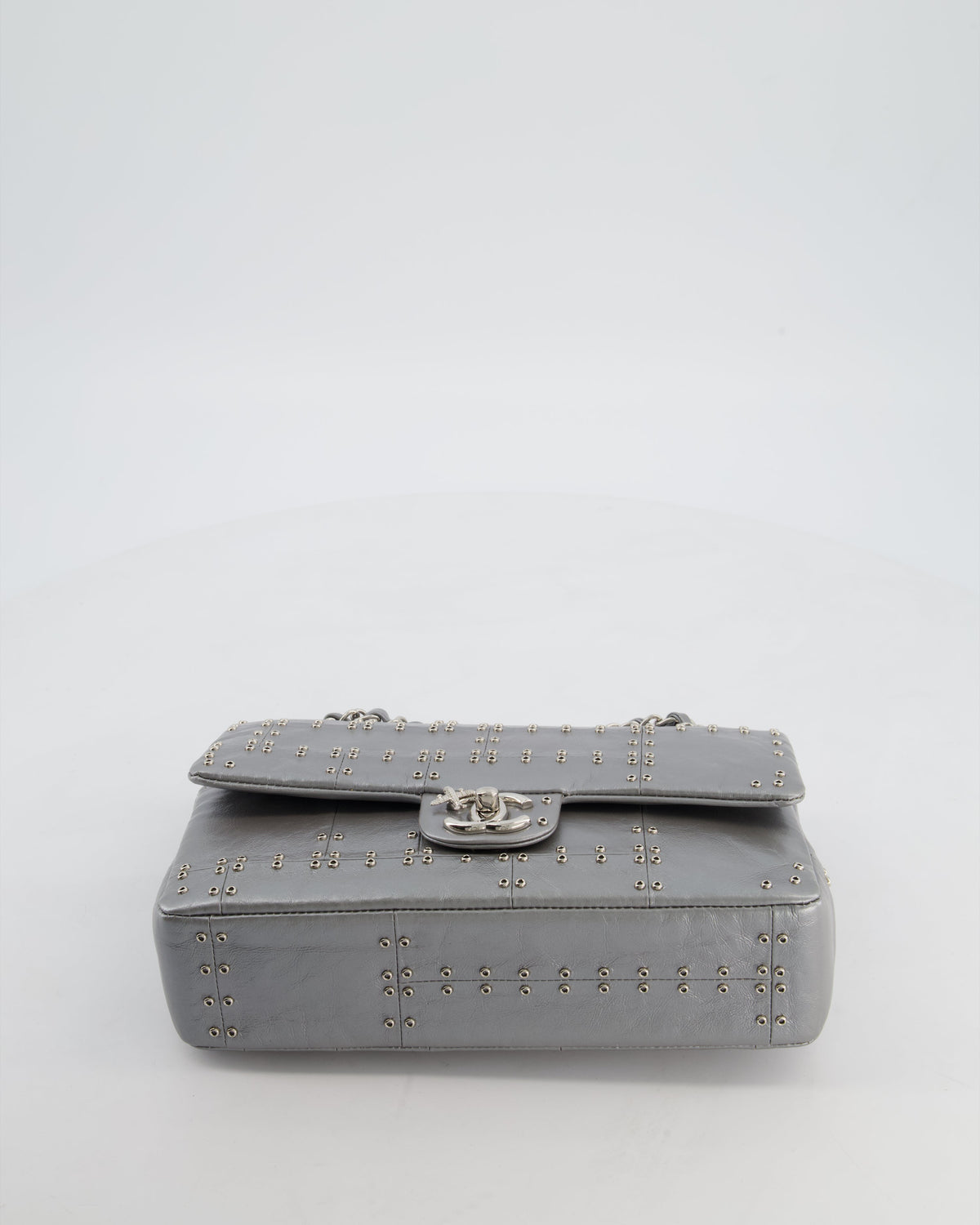 Chanel Silver Medium Airline Double Flap Bag in Glazed Calfskin with Grommet Embellishment Detail and Silver Hardware