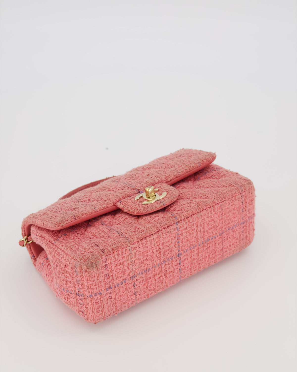 Chanel Top Handle Rectangular Bag in Pink Quilted Tweed with Champagne Gold Hardware