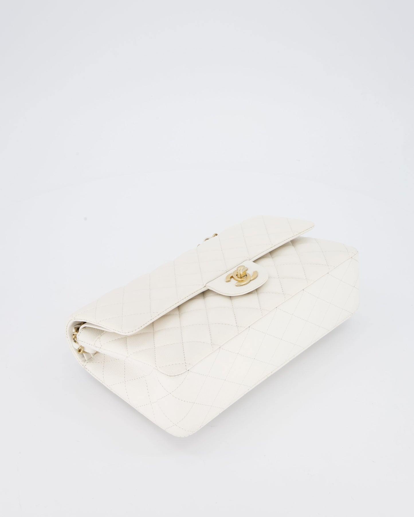 Chanel White Medium Classic Double Flap Bag in Caviar Leather with Champagne Gold Hardware