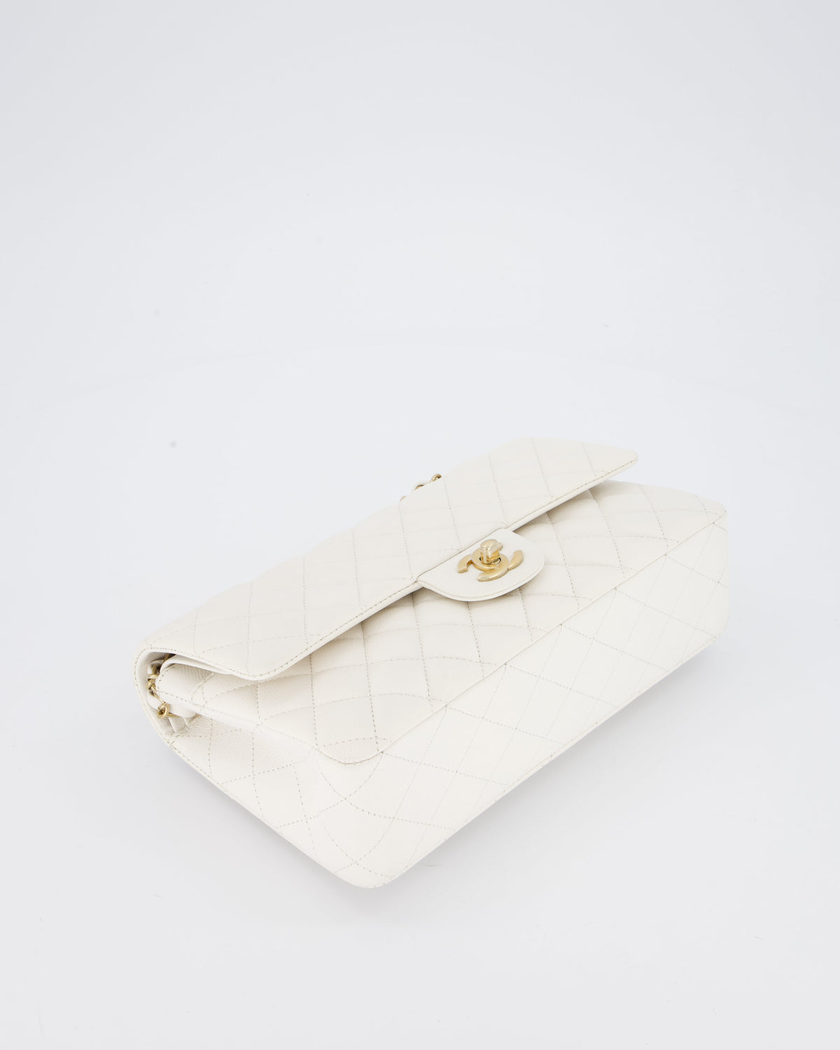 Chanel White Medium Classic Double Flap Bag in Caviar Leather with Champagne Gold Hardware
