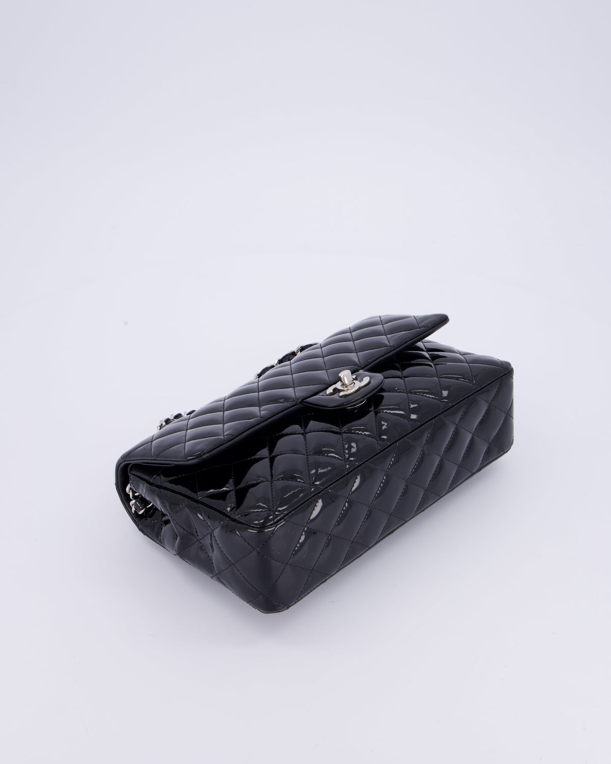 Chanel Medium Double Flap Bag in Black Patent Leather with Silver Hardware