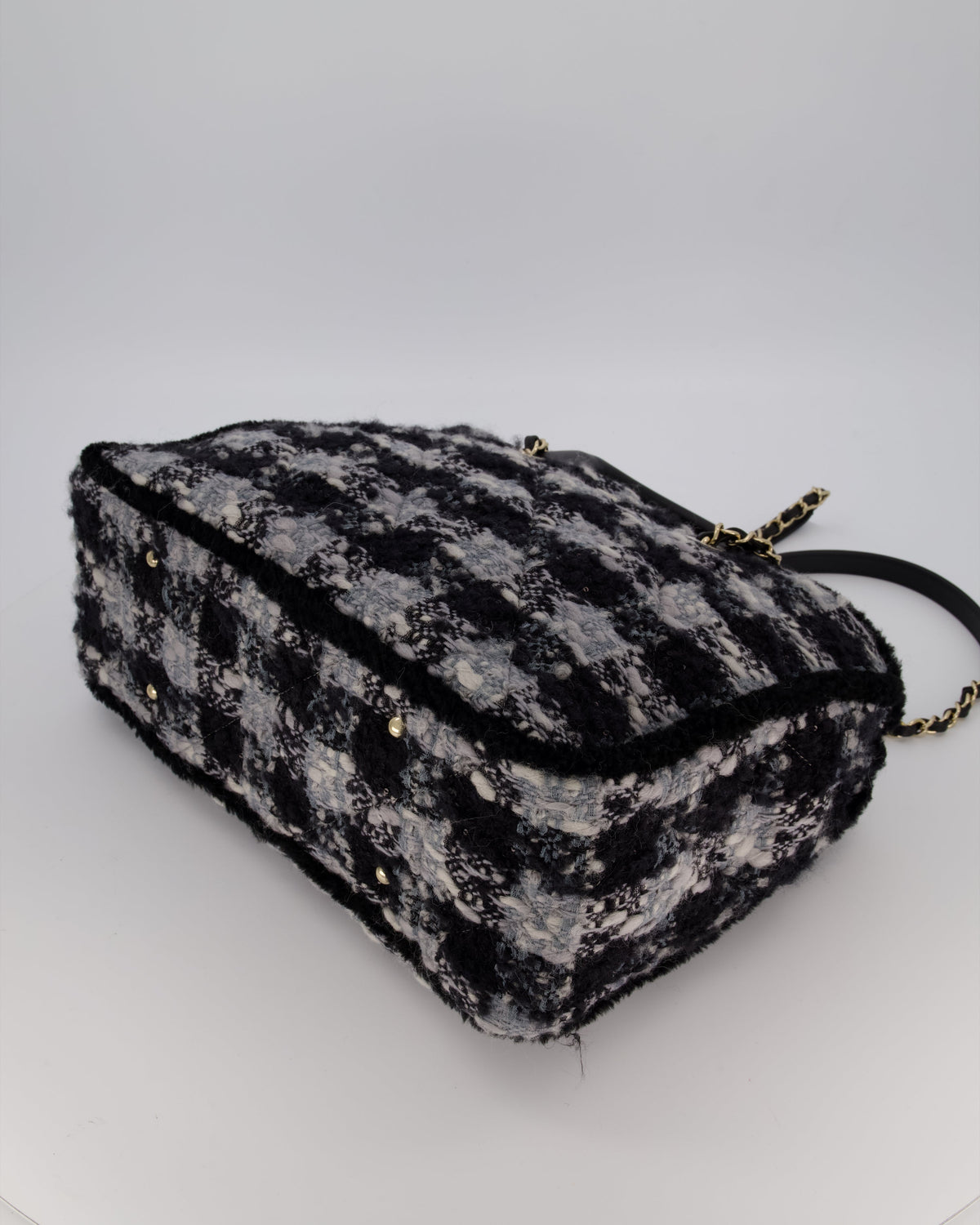 Chanel 25N Grey and Black Oqilted Tweed Shopping Tote Bag With Champagne Gold Hardware and Leather Handle