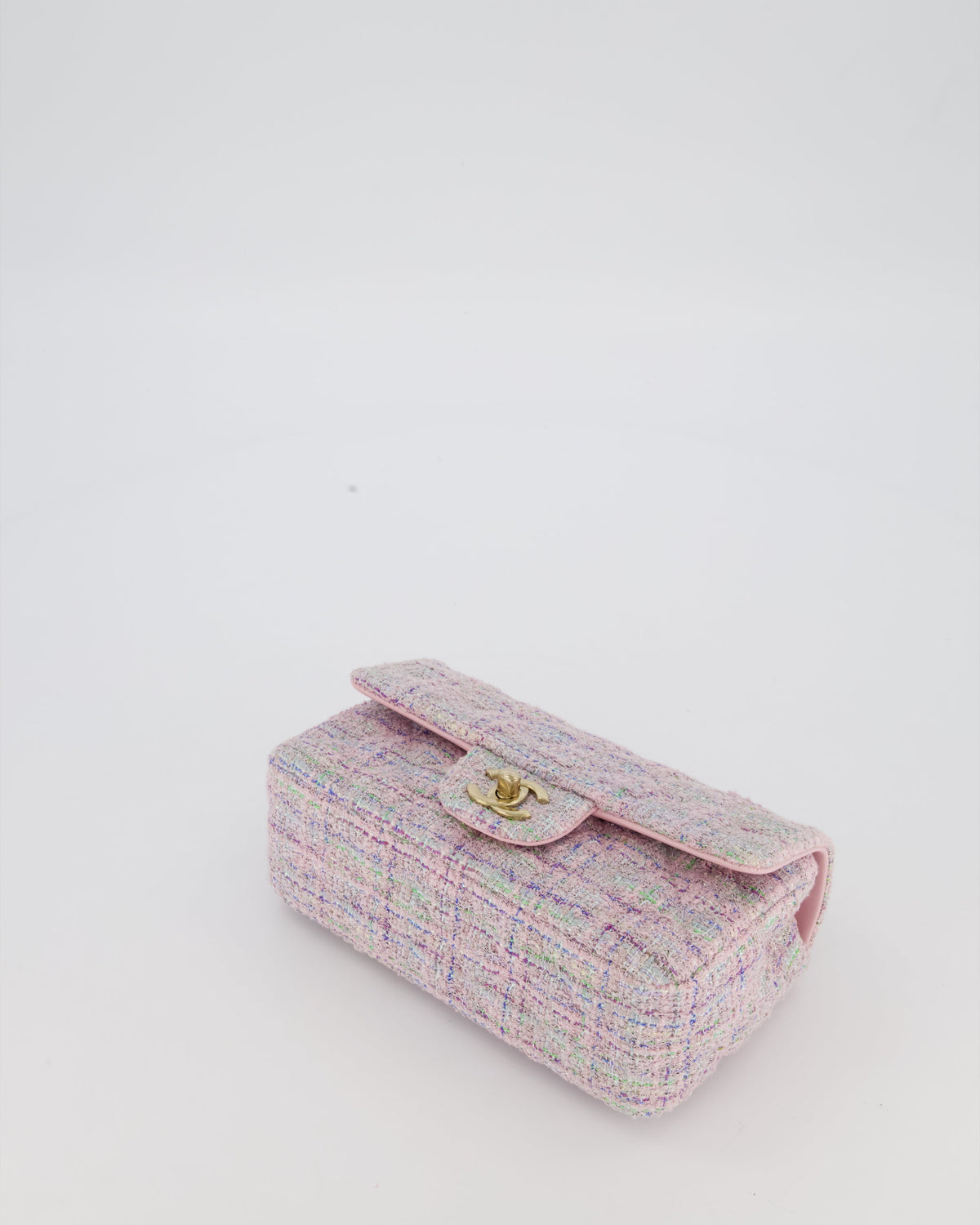 Chanel Lilac, Blue and Green Tweed Mini Rectangular Single Flap Bag with Gold Hardware